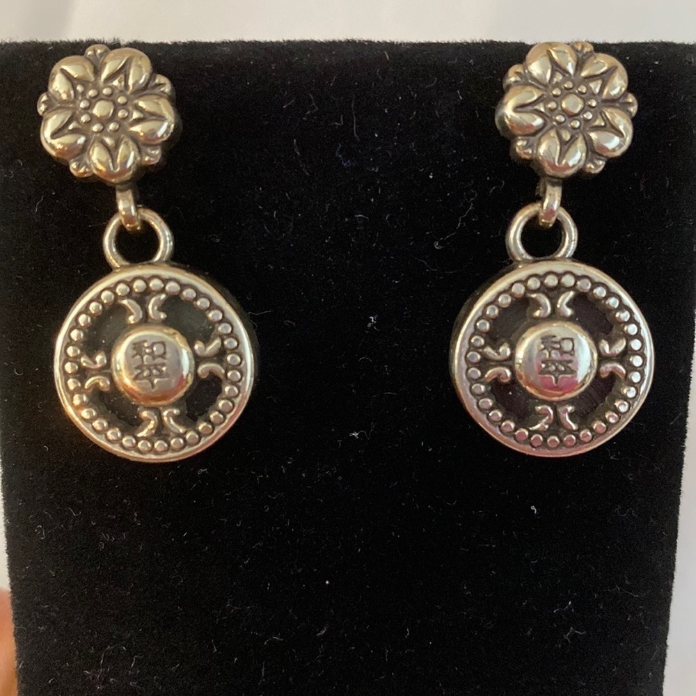 Brighton retired vintage silver etched Chinese‎ peace post dangle drop earrings